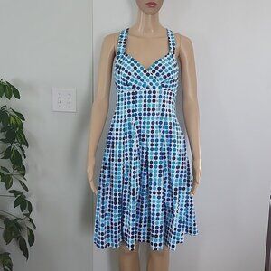 Calvin Klein Blue Polka Dots Midi Sleeveless Summer‎ Dress Pleated Skirt 4 Retro